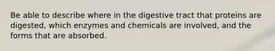 Be able to describe where in the digestive tract that proteins are digested, which enzymes and chemicals are involved, and the forms that are absorbed.