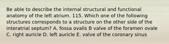 Be able to describe the internal structural and functional anatomy of the left atrium. 115. Which one of the following structures corresponds to a structure on the other side of the interatrial septum? A. fossa ovalis B valve of the foramen ovale C. right auricle D. left auricle E. valve of the coronary sinus