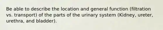 Be able to describe the location and general function (filtration vs. transport) of the parts of the urinary system (Kidney, ureter, urethra, and bladder).