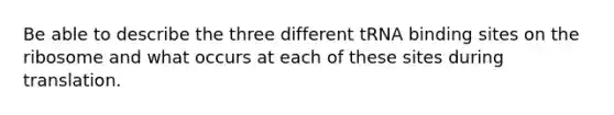 Be able to describe the three different tRNA binding sites on the ribosome and what occurs at each of these sites during translation.