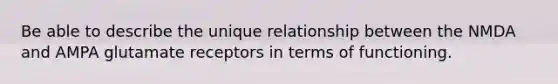 Be able to describe the unique relationship between the NMDA and AMPA glutamate receptors in terms of functioning.