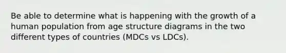 Be able to determine what is happening with the growth of a human population from age structure diagrams in the two different types of countries (MDCs vs LDCs).