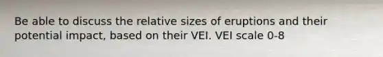 Be able to discuss the relative sizes of eruptions and their potential impact, based on their VEI. VEI scale 0-8