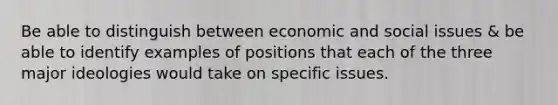 Be able to distinguish between economic and social issues & be able to identify examples of positions that each of the three major ideologies would take on specific issues.