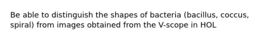 Be able to distinguish the shapes of bacteria (bacillus, coccus, spiral) from images obtained from the V-scope in HOL