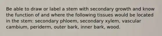 Be able to draw or label a stem with secondary growth and know the function of and where the following tissues would be located in the stem: secondary phloem, secondary xylem, vascular cambium, periderm, outer bark, inner bark, wood.