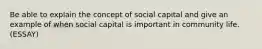 Be able to explain the concept of social capital and give an example of when social capital is important in community life. (ESSAY)