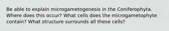 Be able to explain microgametogenesis in the Coniferophyta. Where does this occur? What cells does the microgametophyte contain? What structure surrounds all these cells?