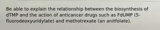 Be able to explain the relationship between the biosynthesis of dTMP and the action of anticancer drugs such as FdUMP (5-fluorodeoxyuridylate) and methotrexate (an anitfolate).