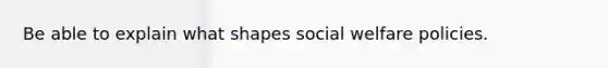 Be able to explain what shapes social welfare policies.