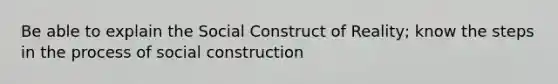 Be able to explain the Social Construct of Reality; know the steps in the process of social construction