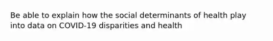 Be able to explain how the social determinants of health play into data on COVID-19 disparities and health