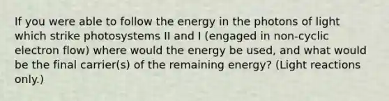 If you were able to follow the energy in the photons of light which strike photosystems II and I (engaged in non-cyclic electron flow) where would the energy be used, and what would be the final carrier(s) of the remaining energy? (Light reactions only.)