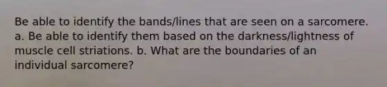 Be able to identify the bands/lines that are seen on a sarcomere. a. Be able to identify them based on the darkness/lightness of muscle cell striations. b. What are the boundaries of an individual sarcomere?