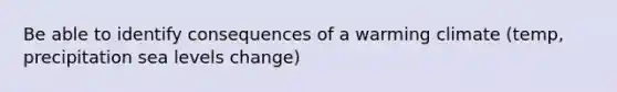 Be able to identify consequences of a warming climate (temp, precipitation sea levels change)