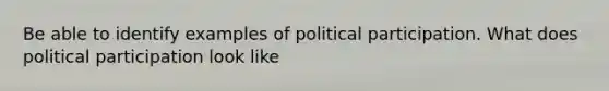 Be able to identify examples of political participation. What does political participation look like