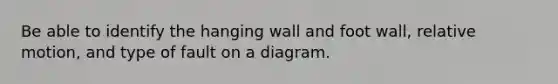 Be able to identify the hanging wall and foot wall, relative motion, and type of fault on a diagram.