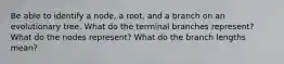 Be able to identify a node, a root, and a branch on an evolutionary tree. What do the terminal branches represent? What do the nodes represent? What do the branch lengths mean?