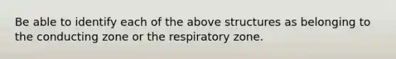 Be able to identify each of the above structures as belonging to the conducting zone or the respiratory zone.