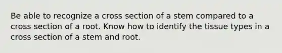 Be able to recognize a cross section of a stem compared to a cross section of a root. Know how to identify the tissue types in a cross section of a stem and root.