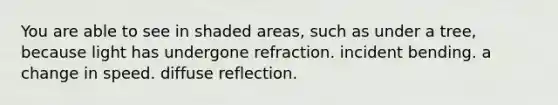 You are able to see in shaded areas, such as under a tree, because light has undergone refraction. incident bending. a change in speed. diffuse reflection.