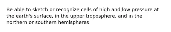 Be able to sketch or recognize cells of high and low pressure at the earth's surface, in the upper troposphere, and in the northern or southern hemispheres