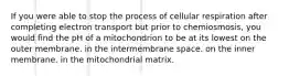 If you were able to stop the process of cellular respiration after completing electron transport but prior to chemiosmosis, you would find the pH of a mitochondrion to be at its lowest on the outer membrane. in the intermembrane space. on the inner membrane. in the mitochondrial matrix.