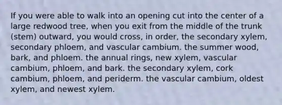 If you were able to walk into an opening cut into the center of a large redwood tree, when you exit from the middle of the trunk (stem) outward, you would cross, in order, the secondary xylem, secondary phloem, and vascular cambium. the summer wood, bark, and phloem. the annual rings, new xylem, vascular cambium, phloem, and bark. the secondary xylem, cork cambium, phloem, and periderm. the vascular cambium, oldest xylem, and newest xylem.