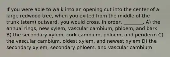 If you were able to walk into an opening cut into the center of a large redwood tree, when you exited from the middle of the trunk (stem) outward, you would cross, in order, ________. A) the annual rings, new xylem, vascular cambium, phloem, and bark B) the secondary xylem, cork cambium, phloem, and periderm C) the vascular cambium, oldest xylem, and newest xylem D) the secondary xylem, secondary phloem, and vascular cambium