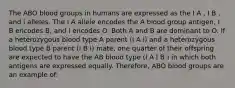 The ABO blood groups in humans are expressed as the I A , I B , and i alleles. The I A allele encodes the A blood group antigen, I B encodes B, and i encodes O. Both A and B are dominant to O. If a heterozygous blood type A parent (I A i) and a heterozygous blood type B parent (I B i) mate, one quarter of their offspring are expected to have the AB blood type (I A I B ) in which both antigens are expressed equally. Therefore, ABO blood groups are an example of: