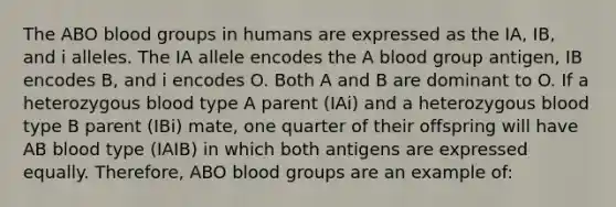 The ABO blood groups in humans are expressed as the IA, IB, and i alleles. The IA allele encodes the A blood group antigen, IB encodes B, and i encodes O. Both A and B are dominant to O. If a heterozygous blood type A parent (IAi) and a heterozygous blood type B parent (IBi) mate, one quarter of their offspring will have AB blood type (IAIB) in which both antigens are expressed equally. Therefore, ABO blood groups are an example of: