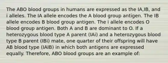 The ABO <a href='https://www.questionai.com/knowledge/kYZPOX2Y3u-blood-groups' class='anchor-knowledge'>blood groups</a> in humans are expressed as the IA,IB, and i alleles. The IA allele encodes the A blood group antigen. The IB allele encodes B blood group antigen. The i allele encodes O blood group antigen. Both A and B are dominant to O. If a heterozygous blood type A parent (IAi) and a heterozygous blood type B parent (IBi) mate, one quarter of their offspring will have AB blood type (IAIB) in which both antigens are expressed equally. Therefore, ABO blood groups are an example of: