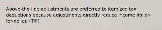 Above-the-line adjustments are preferred to itemized tax deductions because adjustments directly reduce income dollar-for-dollar. (T/F)