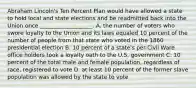 Abraham Lincoln's Ten Percent Plan would have allowed a state to hold local and state elections and be readmitted back into the Union once ___________________. A. the number of voters who swore loyalty to the Union and its laws equaled 10 percent of the number of people from that state who voted in the 1860 presidential election B. 10 percent of a state's per-Civil Ware office holders took a loyalty oath to the U.S. government C. 10 percent of the total male and female population, regardless of race, registered to vote D. at least 10 percent of the former slave population was allowed by the state to vote