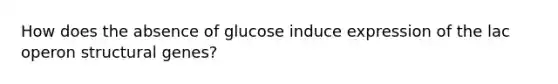 How does the absence of glucose induce expression of the lac operon structural genes?