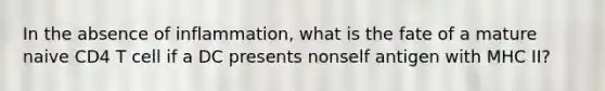 In the absence of inflammation, what is the fate of a mature naive CD4 T cell if a DC presents nonself antigen with MHC II?