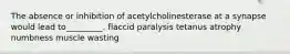 The absence or inhibition of acetylcholinesterase at a synapse would lead to_________. flaccid paralysis tetanus atrophy numbness muscle wasting