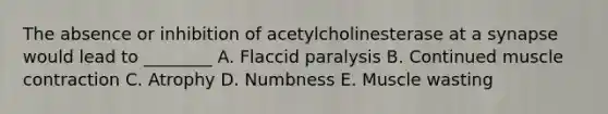 The absence or inhibition of acetylcholinesterase at a synapse would lead to ________ A. Flaccid paralysis B. Continued muscle contraction C. Atrophy D. Numbness E. Muscle wasting