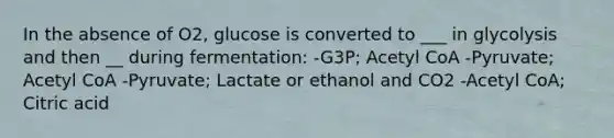 In the absence of O2, glucose is converted to ___ in glycolysis and then __ during fermentation: -G3P; Acetyl CoA -Pyruvate; Acetyl CoA -Pyruvate; Lactate or ethanol and CO2 -Acetyl CoA; Citric acid