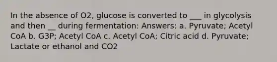 In the absence of O2, glucose is converted to ___ in glycolysis and then __ during fermentation: Answers: a. Pyruvate; Acetyl CoA b. G3P; Acetyl CoA c. Acetyl CoA; Citric acid d. Pyruvate; Lactate or ethanol and CO2