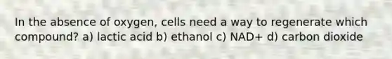 In the absence of oxygen, cells need a way to regenerate which compound? a) lactic acid b) ethanol c) NAD+ d) carbon dioxide