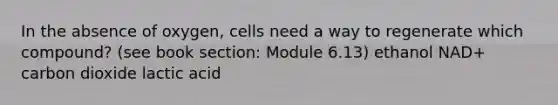 In the absence of oxygen, cells need a way to regenerate which compound? (see book section: Module 6.13) ethanol NAD+ carbon dioxide lactic acid