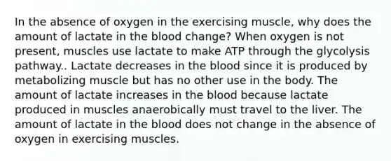 In the absence of oxygen in the exercising muscle, why does the amount of lactate in the blood change? When oxygen is not present, muscles use lactate to make ATP through the glycolysis pathway.. Lactate decreases in the blood since it is produced by metabolizing muscle but has no other use in the body. The amount of lactate increases in the blood because lactate produced in muscles anaerobically must travel to the liver. The amount of lactate in the blood does not change in the absence of oxygen in exercising muscles.