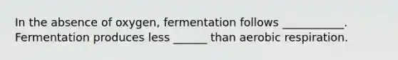 In the absence of oxygen, fermentation follows ___________. Fermentation produces less ______ than aerobic respiration.