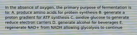 In the absence of oxygen, the primary purpose of fermentation is to: A. produce amino acids for protein synthesis B. generate a proton gradient for ATP synthesis C. oxidize glucose to generate reduce electron carriers D. generate alcohol for beverages E. regenerate NAD+ from NADH allowing glycolysis to continue