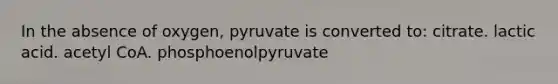 In the absence of oxygen, pyruvate is converted to: citrate. lactic acid. acetyl CoA. phosphoenolpyruvate