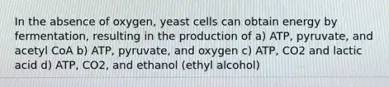 In the absence of oxygen, yeast cells can obtain energy by fermentation, resulting in the production of a) ATP, pyruvate, and acetyl CoA b) ATP, pyruvate, and oxygen c) ATP, CO2 and lactic acid d) ATP, CO2, and ethanol (ethyl alcohol)