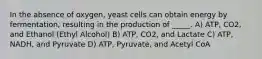 In the absence of oxygen, yeast cells can obtain energy by fermentation, resulting in the production of _____. A) ATP, CO2, and Ethanol (Ethyl Alcohol) B) ATP, CO2, and Lactate C) ATP, NADH, and Pyruvate D) ATP, Pyruvate, and Acetyl CoA