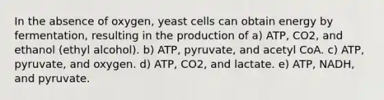 In the absence of oxygen, yeast cells can obtain energy by fermentation, resulting in the production of a) ATP, CO2, and ethanol (ethyl alcohol). b) ATP, pyruvate, and acetyl CoA. c) ATP, pyruvate, and oxygen. d) ATP, CO2, and lactate. e) ATP, NADH, and pyruvate.