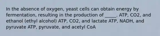 In the absence of oxygen, yeast cells can obtain energy by fermentation, resulting in the production of _____. ATP, CO2, and ethanol (ethyl alcohol) ATP, CO2, and lactate ATP, NADH, and pyruvate ATP, pyruvate, and acetyl CoA